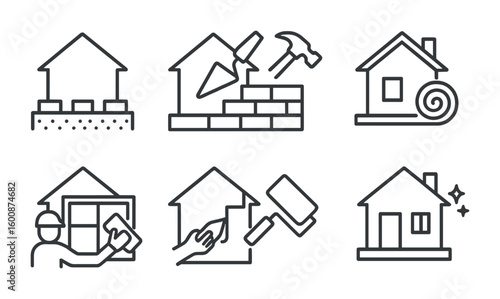 Construction Stages Icons. Outline icon set of construction project stages: foundation laying, wall erection,