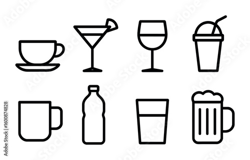Relaxation Beverage Icons. Outline icon set of relaxation beverages: tea cup, cocktail glass, wine glass,