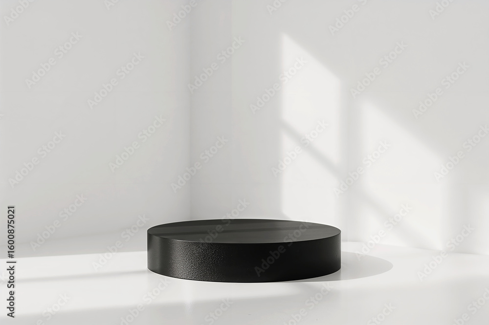 Black cylinder podium in a white room with shadows, Clean product display setup, Abstract background with minimalist design and black pedestal Black cylinder podium in a white room with shadows, Clean product display setup, Abstract background with minimalist design and black pedestal