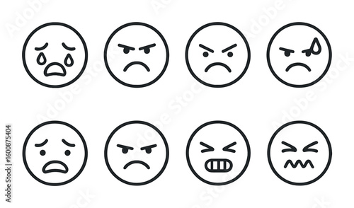 Negative Emotions Icon Set. Outline icon set of negative emotions: crying, scowl, furrowed brow, clenched jaw,