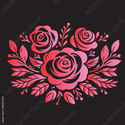 Intricate Black and Pink Floral Motif A symmetrical composition of stylized roses and foliage, conveying elegance and sophistication
