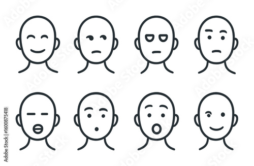 Human Expression Icons. Outline icon set of human expressions for communication: nod, shake head, eye roll,