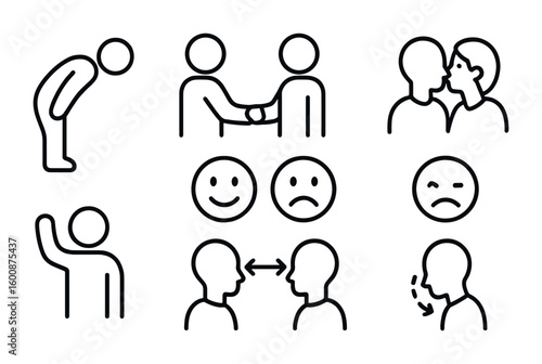 Emotion Icons Set. Outline icon set of cultural expressions of emotion: bow, handshake, kiss on cheek, smile,