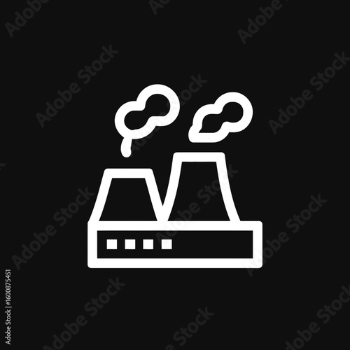 White factory emits smoke isolated dark background pollution icon