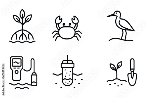 Coastal Restoration Icons. Outline icon set of coastal ecosystem restoration: mangrove roots, crab, fish, bird