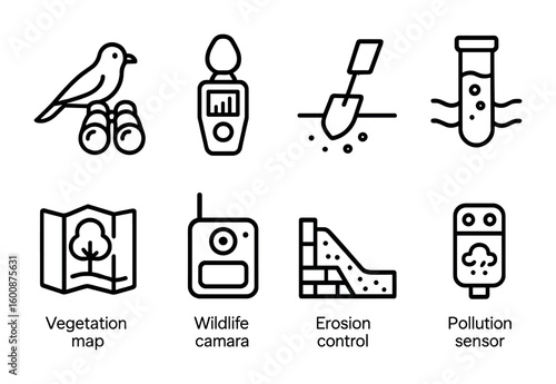 Environmental Impact Icons. Outline icon set of environmental impact studies: bird monitoring, noise meter,