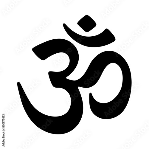 Black Om symbol on white background representing spiritual enlightenment and peace