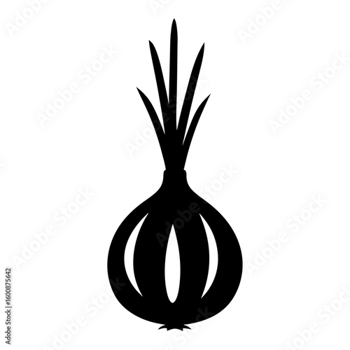 Stylized black and white illustration of an onion with long green sprouts
