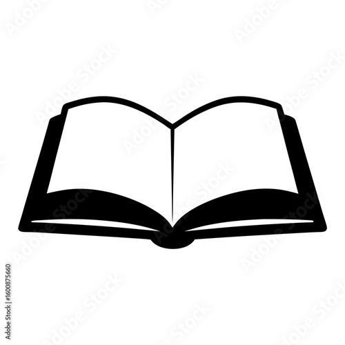Simple black and white line drawing of an open book for study