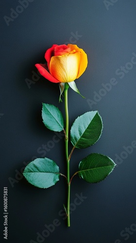 Wallpaper Mural Vibrant yellow and red rose with delicate petals blooming against a dark background, showcasing nature's elegant color gradient and floral beauty Torontodigital.ca