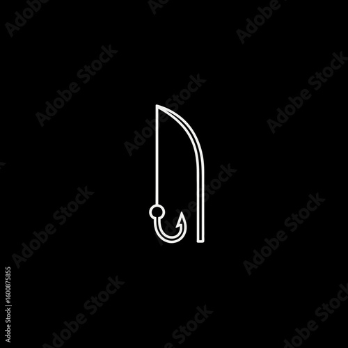 White line fishing rod dangles hook isolated black background minimal style