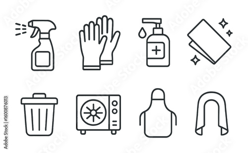 Sanitation Icons Set. Outline icon set of sanitation and hygiene: disinfectant spray, gloves, sanitizer,