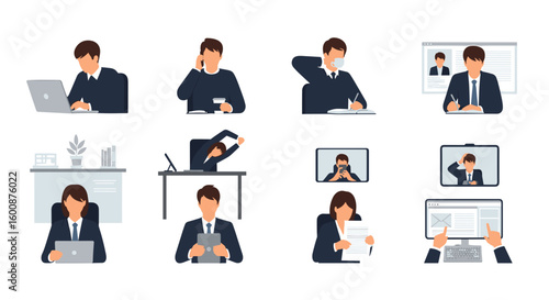 Illustrations of business people working at desks and on video calls in different office settings
