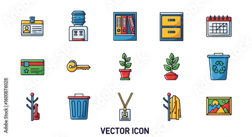 Illustration of office supplies and furniture including plants and organizational items in a workspace