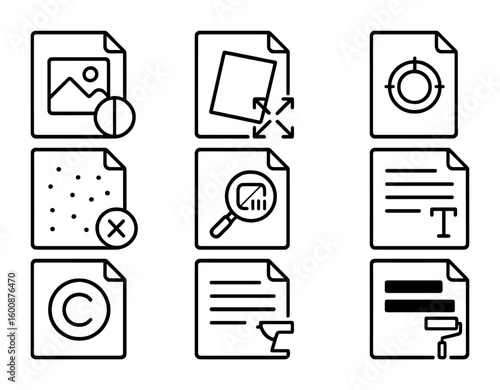 Document Enhancement Icons. Outline icon set of document enhancement: image correction, de-skew, color