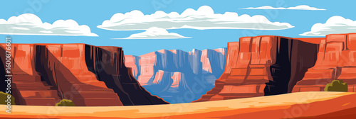 Panoramic colorful vector illustration of Grand Canyon landscape with red cliffs, blue sky, clouds, and desert foreground in flat minimalist style
