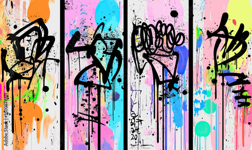 Abstract graffiti lettering with colorful spray paint splatters and drips on vertical panels in flat minimalist vector style street art composition for urban modern decor background design