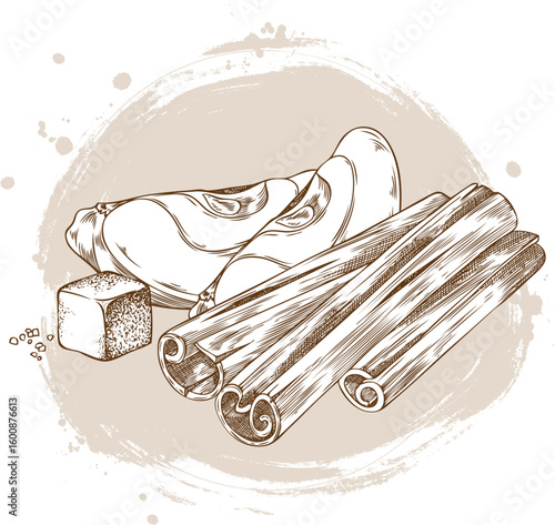 Rolled sticks of cinnamon, apple, brown cane sugar cube engraved sketch vector composition, Mulled wine ingredients