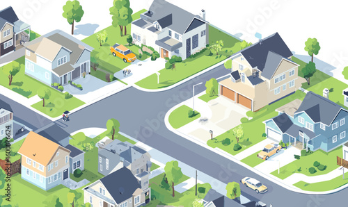 Isometric suburban neighborhood streets with modern detached houses cars trees lawns and sidewalks in flat minimal vector style aerial view residential community