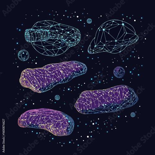 Abstract wireframe illustration of meat cuts and bottles surrounded by cosmic stars and planets with glowing lines in futuristic space style digital vector design