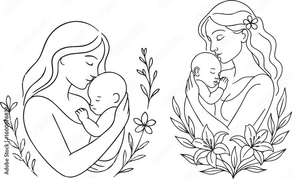 Mother and Baby Embrace Line Art Illustrations with Floral Accents Mother and Baby Embrace Line Art Illustrations with Floral Accents