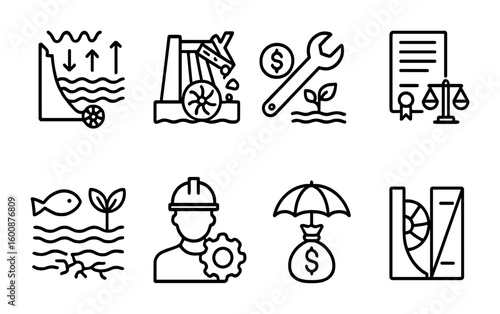 Micro-Hydro Challenges Icons. Outline icon set of micro-hydro system challenges: fluctuating flow, debris
