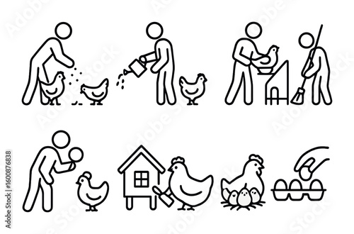 Poultry Farm Icon Set. Outline icon set of poultry farm activities: feeding chickens, watering, egg collection