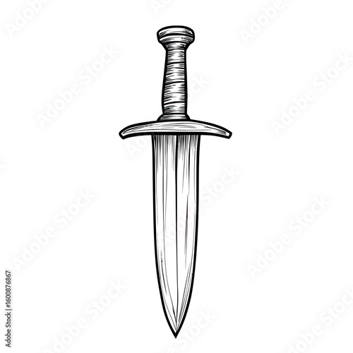 Hand drawn sketch of dagger knife with detailed blade and wrapped handle isolated on white background line art illustration