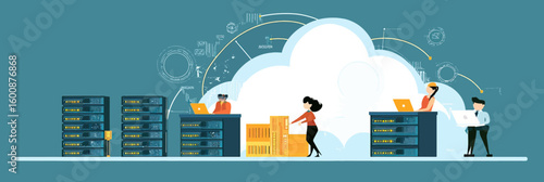 Business team working with cloud computing technology server network data storage connection concept flat vector illustration