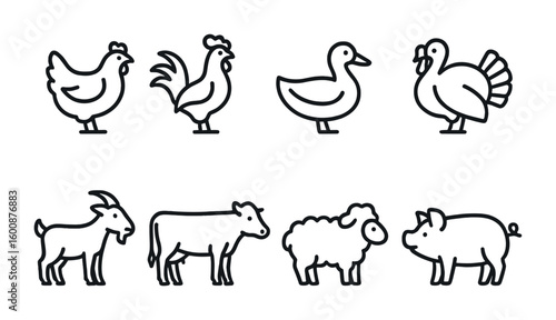 Farm Animal Icons. Outline icon set of farm animals: chickens, roosters, ducks, turkeys, goats, cows, sheep,
