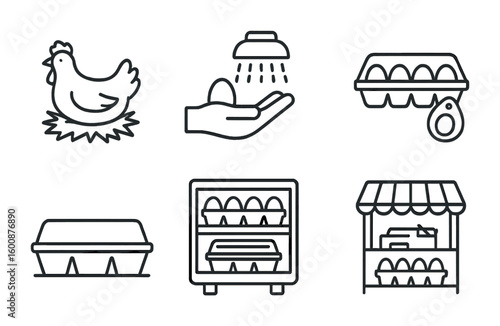 Egg Production Icons. Outline icon set of egg production process: hen laying egg, egg collection, washing,