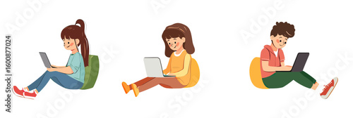 Three diverse children sitting and using laptops for online learning remote education digital study at home flat vector illustration