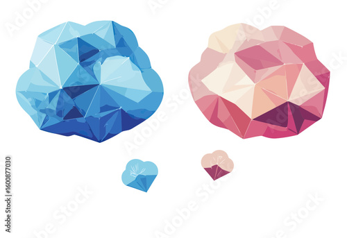 Low poly abstract geometric speech bubbles set in blue and pink tones with flat minimalist style conversation design vector illustration on white background