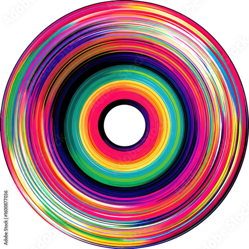 Vibrant, concentric circles in a rainbow spectrum radiate outward from a dark center
