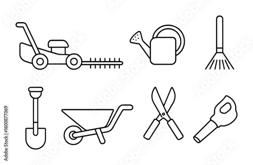 Park Maintenance Tools. Outline icon set of park maintenance tools: lawn mower, hedge trimmer, watering can,