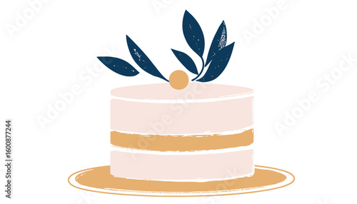 Minimalist pastel pink layered cake on gold plate with dark blue decorative leaves and berry vector illustration flat design
