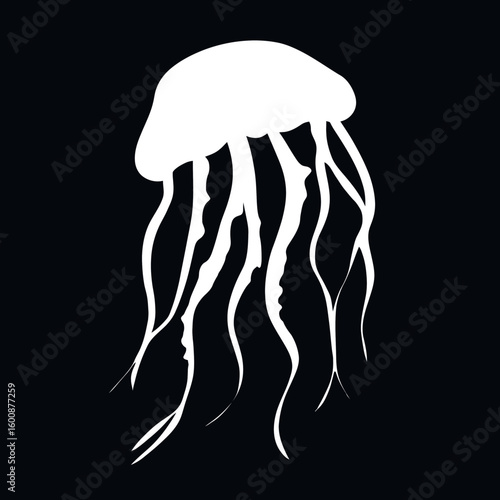White jellyfish floats gracefully deep under dark ocean water showcasing tentacles