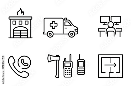 Emergency Icon Set. Outline icon set of emergency response infrastructure: fire station, ambulance, police car