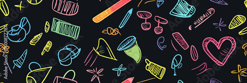Colorful hand drawn kindergarten doodle pattern with school supplies and children preschool education icons on black chalkboard background seamless vector illustration