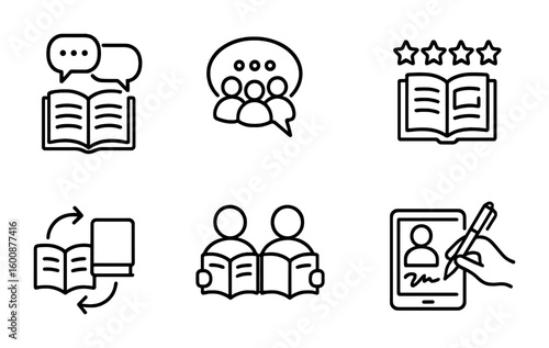 Social Reading Icons. Outline icon set of social reading and sharing: book discussion, group chat, social
