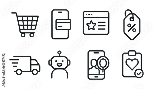 Digital Shopping Icons. Outline icon set of digital shopping trends: online cart, mobile payment, product