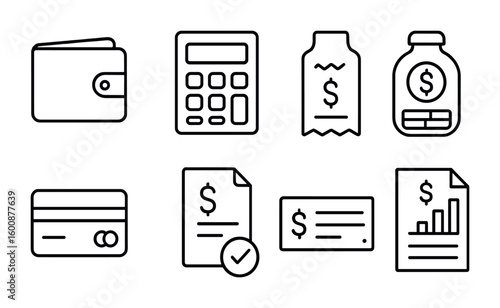 Budgeting Icon Set. Outline icon set of budgeting and expenses: wallet, calculator, receipt, savings jar,
