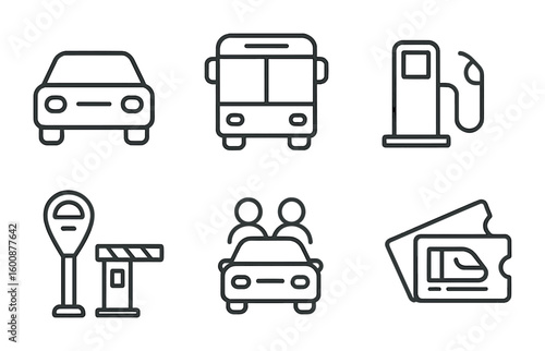Transportation Expense Icons. Outline icon set of transportation expenses: car, bus, fuel pump, bicycle,