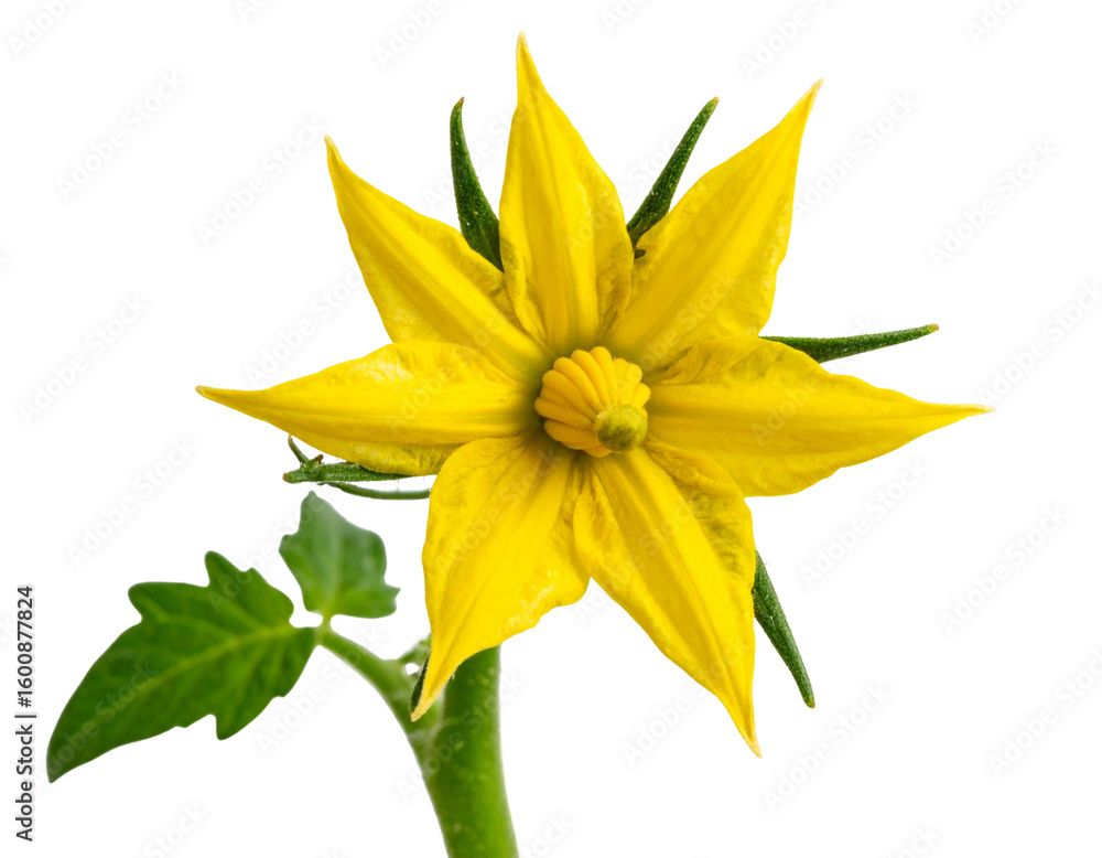 Obraz premium Fresh Yellow Tomato Blossom with Green Stem Close-Up, Isolated Transparent PNG
