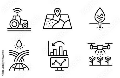 Precision Agriculture Icons. Outline icon set of precision agriculture tools: GPS tractor, field mapping,