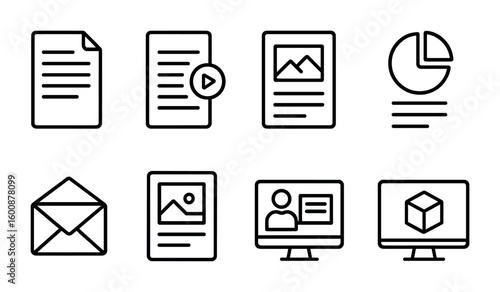 Marketing Icon Set. Outline icon set of marketing content adaptation: blog post, video script, ad copy,