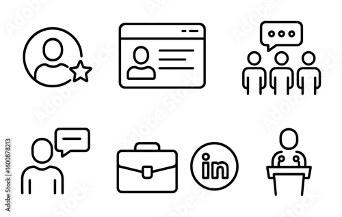 Career Icon Set. Outline icon set of self-promotion and career visibility: personal branding, social media