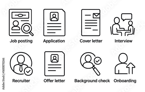Job Application Icons. Outline icon set of job search and applications: job posting, application form, cover