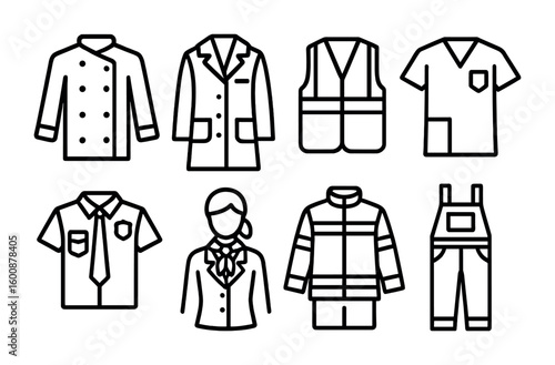 Professional Uniform Icons. Outline icon set of professional uniform styles: chef coat, lab coat, construction