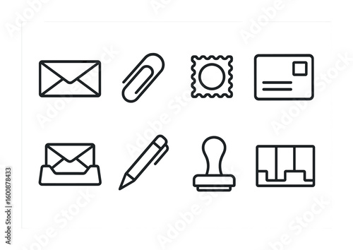 Outgoing Mail Icons. Outline icon set of outgoing mail tray: envelope stack, paperclip, postage stamp, address